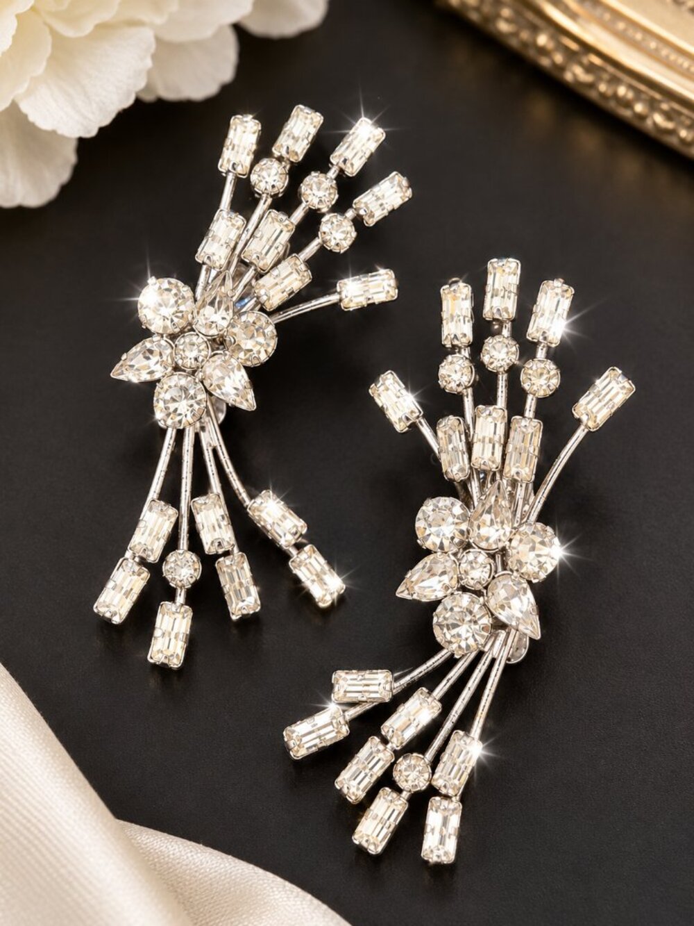 Vintage STAR-ART Sterling Silver Rhinestone Dangle Screw-Back Earrings – Signed